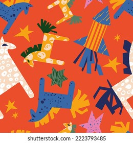 Vector Christmas seamless pattern with different traditional decoration in contemporary modern trendy style