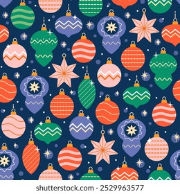 Vector Christmas seamless pattern of different shaped and colorful hanging retro Christmas tree ornaments on navy blue background for wrapping paper, packaging, fabric.
