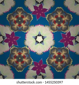Vector Christmas seamless pattern in Doodle style with blue, gray and beige snowflakes. Paper products, wrapping, textiles.