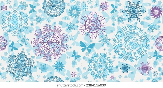 Vector Christmas seamless pattern with doodle snowflakes and butterflies on the white background	
