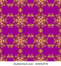 Vector Christmas seamless pattern in Doodle style Golden snowflakes. Paper products, wrapping, textiles on purple colored background.