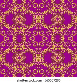Vector Christmas seamless pattern in Doodle style Golden snowflakes. Paper products, wrapping, textiles on purple colored background.