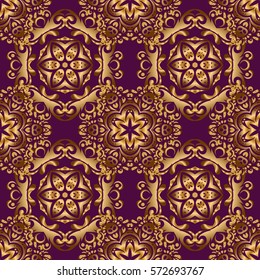 Vector Christmas seamless pattern in Doodle style Golden snowflakes. Paper products, wrapping, textiles on purple colored background.