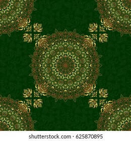 Vector Christmas seamless pattern in Doodle style Golden snowflakes. Paper products, wrapping, textiles on green colored background.
