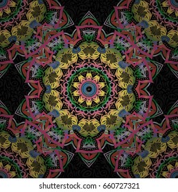 Vector Christmas seamless pattern in Doodle style with green, yellow and pink snowflakes. Paper products, wrapping, textiles on black background.