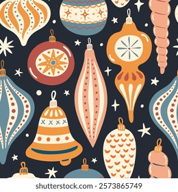 Vector Christmas seamless pattern. Flat styled New Year illustrations isolated on background. Bright and colorful design for fabric or wrapping paper design