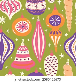 Vector Christmas seamless pattern. Flat styled New Year illustrations isolated on background. Bright and colorful design for fabric or wrapping paper design