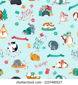 Vector Christmas seamless pattern with funny cats of different breeds in various poses.