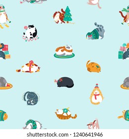 Vector Christmas seamless pattern with funny cats of different breeds in various poses.