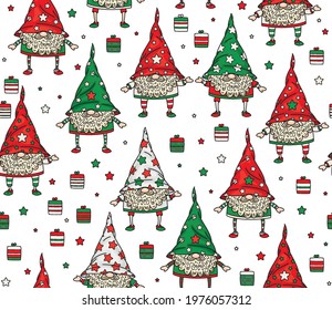 Vector Christmas seamless pattern of funny gnomes cartoons,  isolated on white.