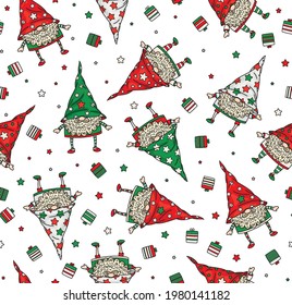 Vector Christmas seamless pattern of funny gnomes cartoons,  isolated on white.