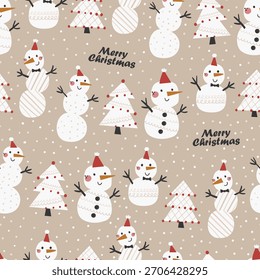 Vetor Natal padrão sem costura com bonecos de neve engraçados. Perfeito para papel de Natal, tecido e desenhos de presentes