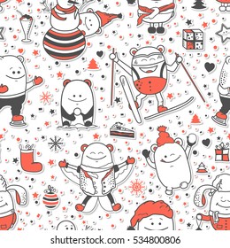 Vector Christmas seamless pattern with funny monsters, personage. Cool colorful hand drawn characters. Cartoon animals, painted doodles, Xmas and winter holidays background. Set of unusual creatures