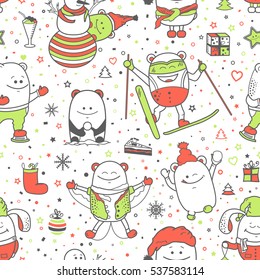 Vector Christmas seamless pattern with funny monsters, personage. Cool colorful hand drawn characters. Cartoon animals, painted doodles, Xmas and winter holidays background. Set of unusual creatures