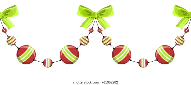 Vector Christmas seamless pattern of garlands and bows. Repeated illustration of New Year decorative beads isolated on white.