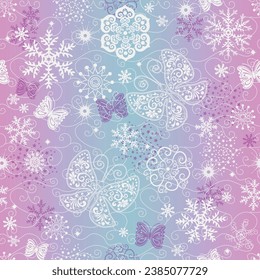 Vector Navidad patrón sin fisuras con suaves copos de nieve y mariposas, estrellas, fondo degradado	

