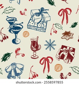 Navidades de Vector sin patrón con caja de regalo, copo de nieve, cóctel, campana y vino. Composiciones vintage dibujadas a mano aisladas sobre fondo beige. Ilustración para diseño, impresión, tela o fondo.