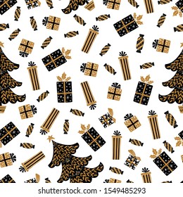 Vector Christmas seamless pattern with gifts and tree in Scandinavian style. Perfect for invitation, wrapping paper and Christmas decoration.