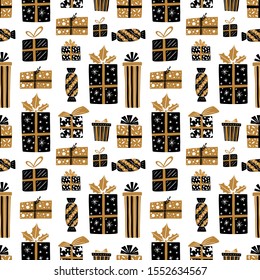 Vector Christmas seamless pattern with gifts in Scandinavian style. Perfect for invitation, wrapping paper and Christmas decoration.