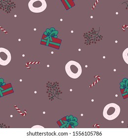 Vector christmas seamless pattern with gifts, canes, donuts and plants, winter seamless pattern