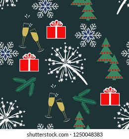 Vector of Christmas seamless pattern with gifts,snoflakes,fir tree,fireworks,champagne glasses