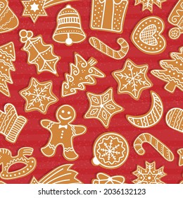 Vector Christmas seamless pattern with gingerbread cookies. Festive baking for winter holidays. Gingerbread men and Christmas tree, star, bell, house, cane, heart, ball, crescent, present, mistletoe.