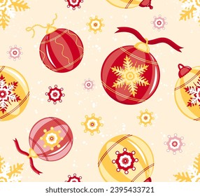 Vector Christmas seamless pattern. Glass balls of decorations for the Christmas tree. Red and gold balls decorated with snowflakes.  Design for printing on textile, fabric, packaging, wrapping paper.