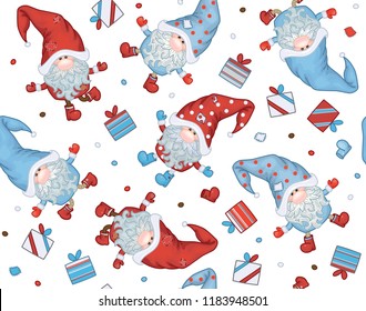 Vector  Christmas seamless pattern.  Gnomes cartoons  isolated on white.