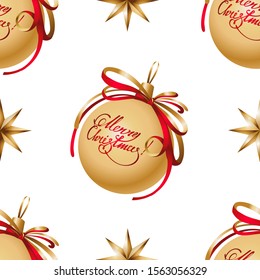 Vector christmas seamless pattern. Golden soft shining balls with red bows and hand drawn lettering text "Merry christmas!" Textile, fabric, wrapping paper holiday design