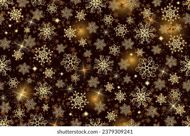 Vector Christmas seamless pattern with golden snowflakes on the dark brown background with stars. Card, frame