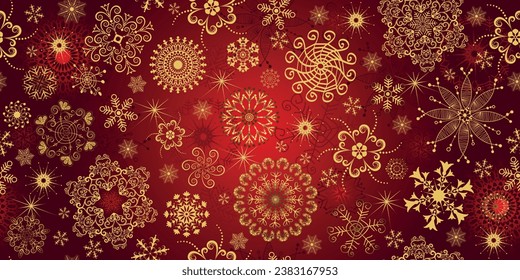 Vector Navidad patrón sin fisuras con copos de nieve dorados y estrellas, fondo de gradiente rojo
