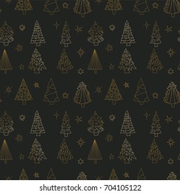 Vector Christmas seamless pattern with golden outline doodle Christmas trees.
