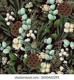 Vector Christmas seamless pattern with greenery pods cotton and berries.