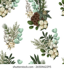 Vector Christmas seamless pattern with greenery pods cotton and berries.