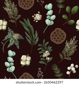 Vector Christmas seamless pattern with greenery pods cotton and berries.