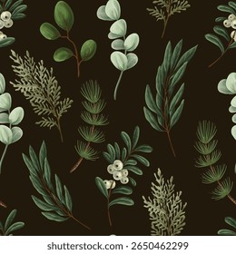 Vector Christmas seamless pattern with greenery pods cotton and berries.