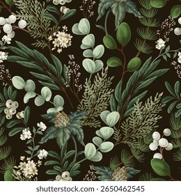 Vector Christmas seamless pattern with greenery pods cotton and berries.