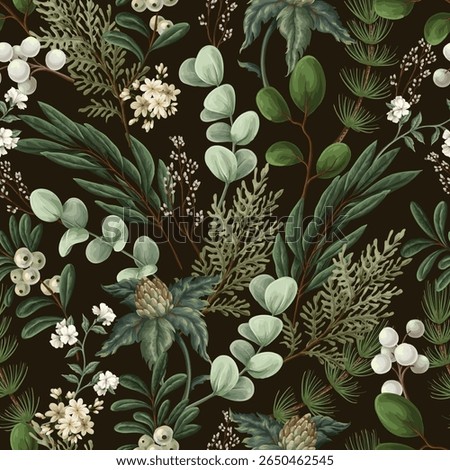 Vector Christmas seamless pattern with greenery pods cotton and berries.