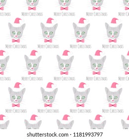 Vector christmas seamless pattern with grey cat with green eyes in santa hat and bow tie isolated on the white background. Text Merry Christmas.
