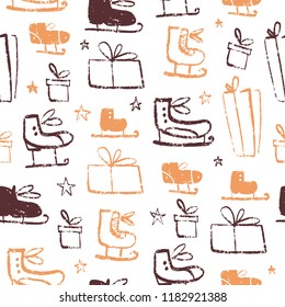 Vector Christmas seamless pattern with hand drawn figure skates, stars and gidt boxes sketch elements. Perfect for cards, gift tags, packaging paper etc.