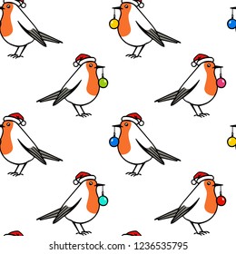 Vector Christmas seamless pattern with hand drawn cute robins in Santa's hat. Ink drawing, beautiful animal design elements.