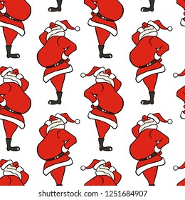 Vector Christmas seamless pattern with hand drawn resolute Santa Claus looking into the distance. Beautiful ink drawing, Christmas design elements