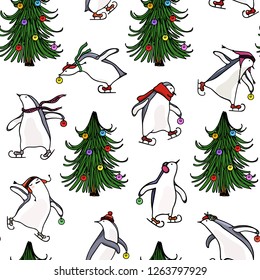 Vector Christmas seamless pattern with hand drawn cute penguins skating on ice with Christmas trees. Ink drawing, funny illustration, beautiful holidays design elements.