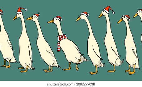Vector Christmas seamless pattern with hand drawn cute white Indian Runner ducks in Santa hats. Ink drawing, graphic style. Beautiful holidays design elements, perfect for prints and patterns