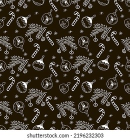 Vector Christmas seamless pattern with hand drawn doodles elements. Black and white illustration.