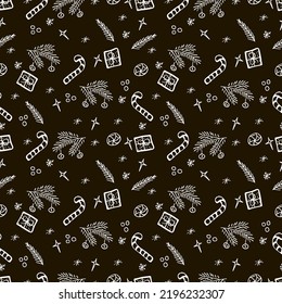 Vector Christmas seamless pattern with hand drawn doodles elements. Black and white illustration.