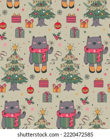 Vector Christmas seamless pattern with hand drawn trees, animals, gift boxes. Vector endless background of new year symbols in modern graphic style.