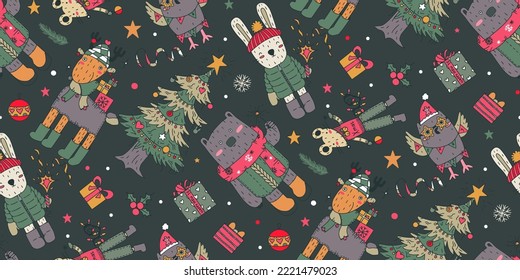 Vector Christmas seamless pattern with hand drawn trees, animals, gift boxes. Vector endless background of new year symbols in modern graphic style.