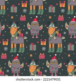 Vector Christmas seamless pattern with hand drawn trees, animals, gift boxes. Vector endless background of new year symbols in modern graphic style.