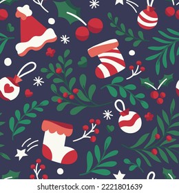 Patrón transparente de Navidad vectorial. Ilustración de feriados de invierno dibujada a mano. Textura de repetición de moda para la impresión de moda, papel pintado o tela.